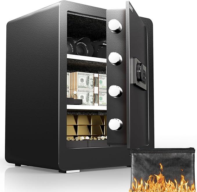 DAYI Safe Box, 2.0 Cubic Feet Home Safe with Fireproof Waterproof Bag, Security Safe Box for Money Cash Valuables, Digital Electronic Keypad, Dual Alarm System, Removable Shelf - D-45 DAYI Safe Box, 2.0 Cubic Feet Home Safe with Fireproof Waterproof Bag, Security Safe Box for Money Cash Valuables, Digital Electronic Keypad, Dual Alarm System, Removable Shelf - D-45