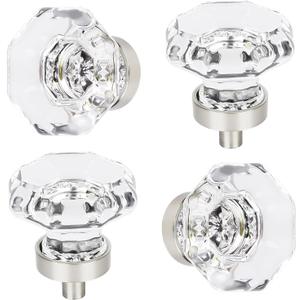 HIEMEY Crystal Drawer Pulls and Knobs 4 PCS , Brushed Nickel Glass Knobs for Cabinets and Dresser , Bathroom Kitchen Cabinet knobs, Octagon