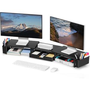 OPNICE Desk Organizers and Accessories, Dual Monitor Stand Riser with Drawer and 2 Pen Holders, Desk Shelf Metal Computer Racks for Office Workspace Organizers, Desktop Organization (Black)