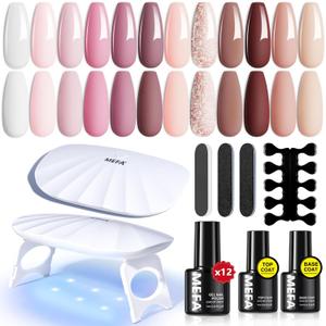 MEFA 19 Pcs Gel Nail Polish Kit with U V Light, 12 Colors All Seasons Nude Pink Milky White Soak Off Gel Polish Nail Set with Base Top Coat Essential Manicure Tools Beginners Salon Nails DIY Art