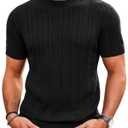 Runcati Mens Knit Short Sleeve T Shirts Casual Crewneck Slim Fit Shirt Cable Knitted Stretch Pullover Tees Black (Black)
