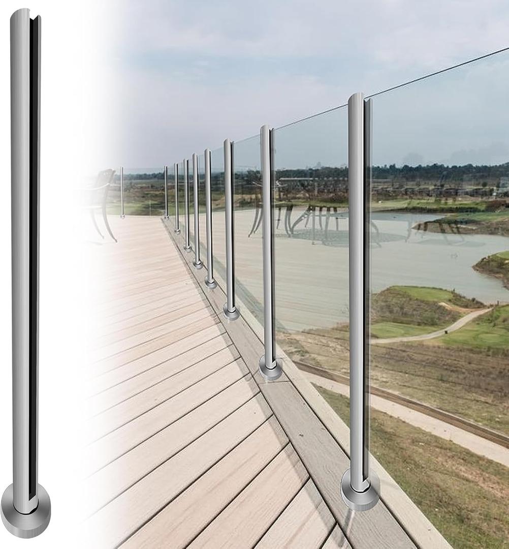 Round Glass Railing 43.5",304 Stainless Steel Glass Balustrade Post with Spigot Slots for Indoors & Outdoors Railing of Deck,Balcony,Attic,Staircase (Corner Post,Sliver)