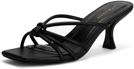 LOOPCHARM Women's Strappy Square Open Toe Kitten Heels Sandals Knotted Design Summer Fashion Slip On Mule Style, Black PU, 9