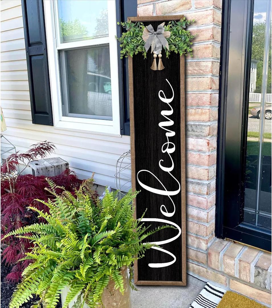Welcome Sign for Front Porch Standing 45"X9" Large Outdoor Decor Rustic Vertical Leaner Wood Frame Porch Tall Welcome Signs for Farmhouse Outside Front Door Decorations (Wood Black)