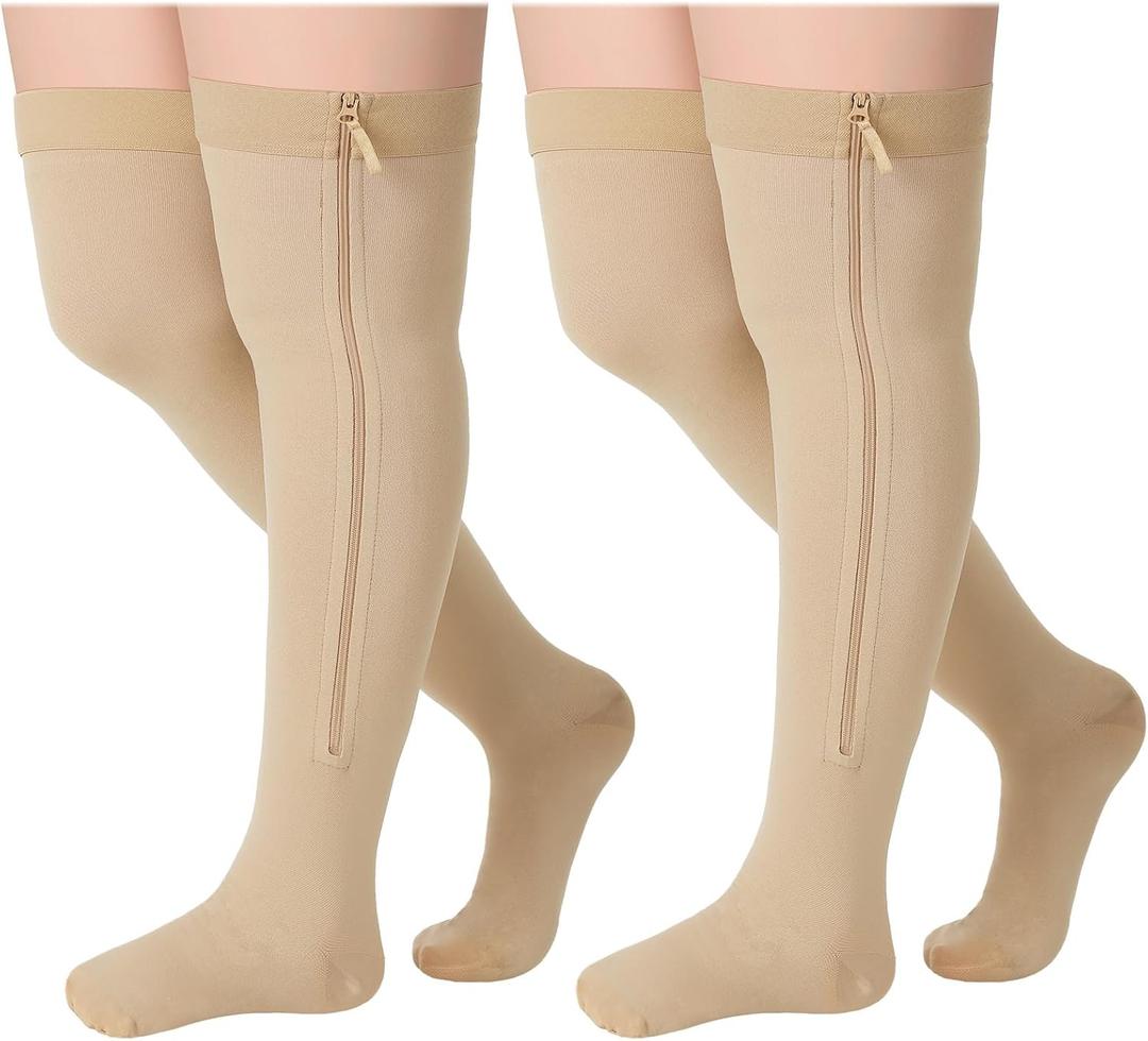 Sosation 2 Pairs Zipper Compression Socks Thigh High 20-30 Mmhg Compression Socks Closed Toe Thigh High Support Stockings for Pregnancy, Post-surgery, Swelling, Sports (Beige, 3X-Large)