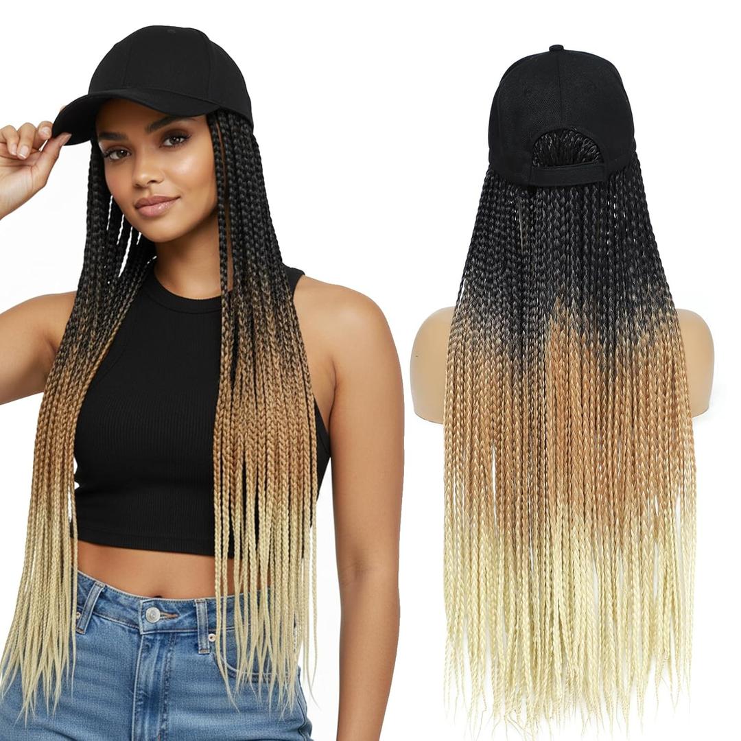 Hat Wig for Women Baseball Cap with Braided Hair Attached 24inch long Synthetic Box Braid Wig Hat Adjustable Cap with Ombre Black Brown Blonde Braids for Daily Outdoor Use