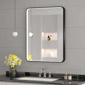LED Mirror for Bathroom 24X32 Inch Black Framed with Anti-Fog, Stepless Dimmable, Front Lit, LED Bathroom Vanity Mirror for Wall, Memory Function, Shatter-Proof