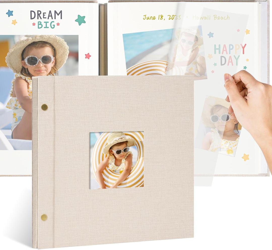 10x10 Inch Linen Self Adhesive Photo Album with Window, 20 Pages Scrapbook for Wedding Memories & Family Keepsakes, Classic Beige, Fits 2x3 4x6 5x7 Photos