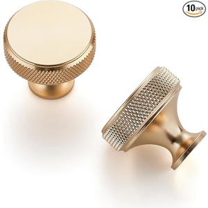 JOY DECOR 10 Pack Brushed Brass Kitchen Cabinet Hardware Knobs Round Solid Knurled Handles Single Hole Drawer Knobs for Cabinet Furniture Champagne Gold Dresser Pulls