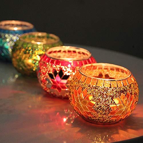 SHMILMH Votive Candle Holder Set of 4, Diwali Decoration for Home, Handmade Mosaic Glass Tealight Candle Holders for Table Centerpiece Decor,Diwali Thanksgiving