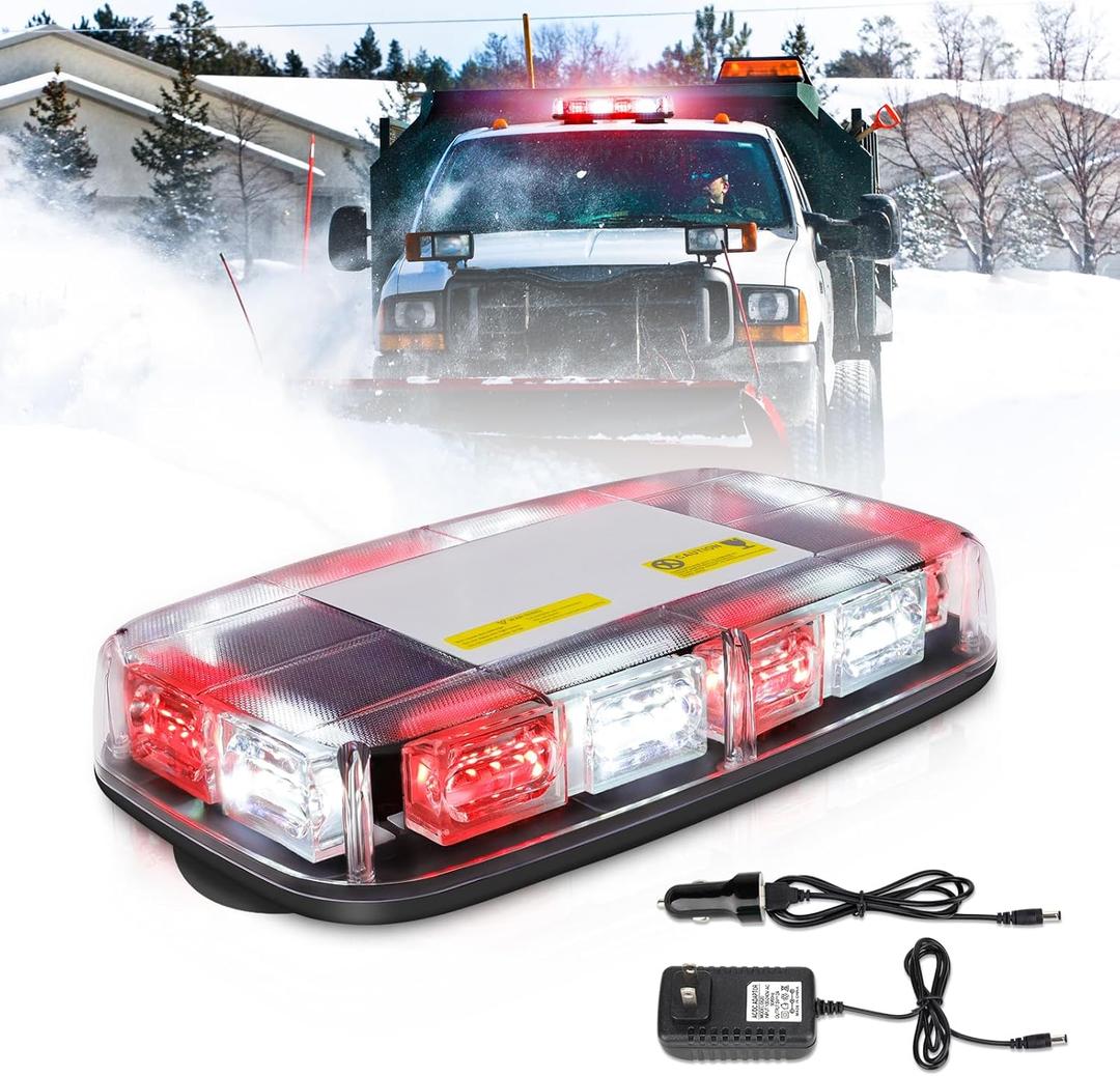 Wireless Strobe Light Battery Rechargeable, High Low Brightness, 17 Flashing Mode, 48pcs Led, Beacon Roof Top Hazard Flash Warning Lights for Vehicles Trucks Snow Plows Postal, White Red, 1PC Pack
