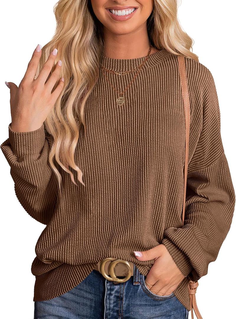 ANRABESS Womens Oversized Long Sleeve Shirts Ribbed Knit Tunic Tops Side Spilt Casual 2025 Fall Outfits (Medium, Brown)