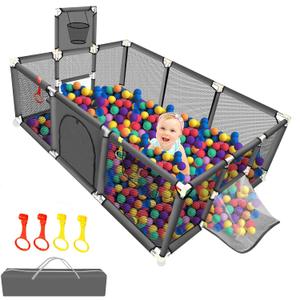 Large Baby Playpen 74''50'', Ball Pit for Toddlers Babies with Basketball Hoop & Soccer Nets, Kids Activity Fence Play Yard with Anti-Slip Base & Soft Breathable Mesh (No Ocean Balls) (Grey)
