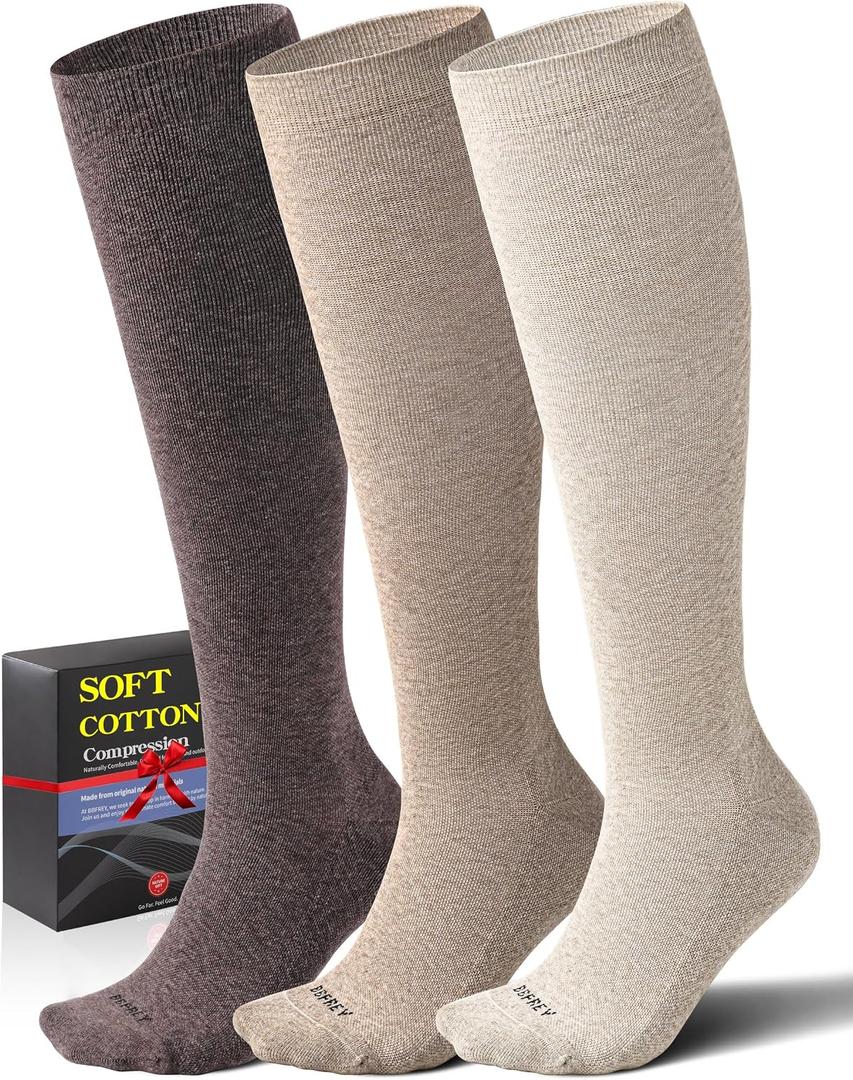 3 Pairs Cotton Compression Socks for Women Men 20-30 mmHg - Knee High Support Socks with Thick Sole and Seamless Toe XL