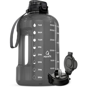 AQUAFIT 1 Gallon Water Jug with Time Marker - BPA Free 128 oz Gym Water Bottle with Straw, Handle, Gray