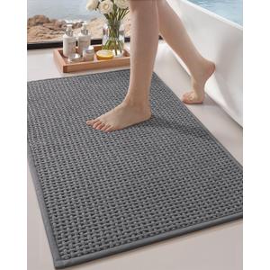 Color&Geometry Rubber Backed Waffle Bath Mat 36x24, Non Slip Machine Washable Bathroom Rugs, Soft Absorbent Chenille Boho Carpet for Bathroom Floor, Tub and Shower, Grey