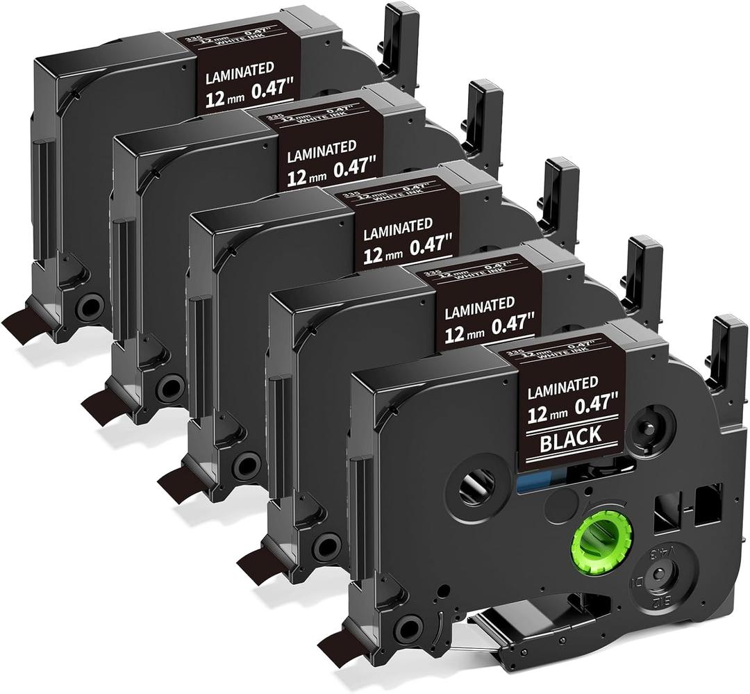 MarkDomain TZe-335 P Touch Label Tape White on Black Replacement for Brother TZe TZ Tape 12mm 0.47 Inch Laminated Black Label Maker Tape for Brother PT-D220 PT-D210 PT-H110 PT-1880, 5-Pack