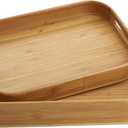 Dicunoy Set of 2 Bamboo Serving Tray, Solid Wood Breakfast Tray with Handles and Arc Angles, Large Size for Food, Dinner, Tea, Coffee, Bar, Parties, 15.6" L x 10.8" W /12.6" L x 8.5" W