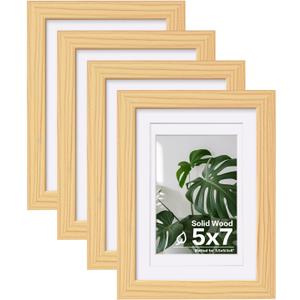 Egofine 5x7 Picture Frames Natural Wood Frames with Plexiglass, Display Pictures 3.5x5/4x6 with Mat or 5x7 Without Mat Set of 4 for Tabletop and Wall Mounting