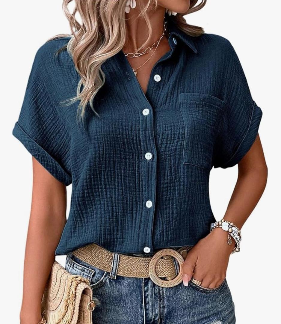 SweatyRocks Women's Batwing Sleeve Tops Textured Button Down Casual Blouse Summer S