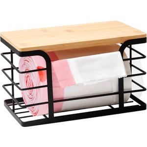 Small Trash Bag Holder,Wall Mount Grocery Bag Holder with Bamboo Top,Suitable for Garbage Bags of 100 Rolls under 13 Gallons,Black