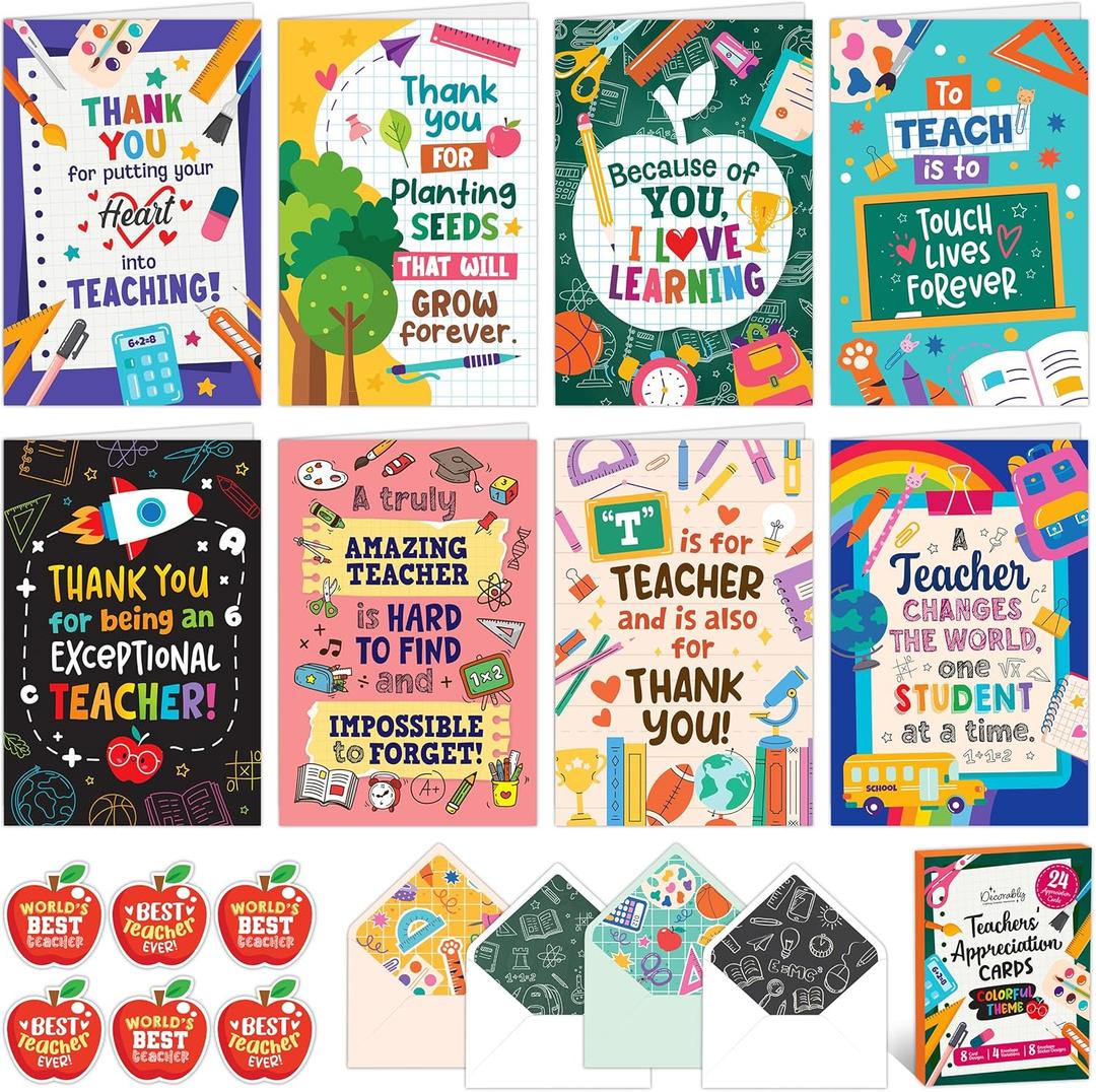 Decorably 24 Pack 4x6in Teacher Appreciation Cards with Envelopes and Stickers, 8 Colorful Designs Teacher Thank You Cards with Envelopes with Printed Message Inside