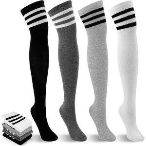 4 Pack Thigh High Socks, Striped Over the Knee Socks for Women, Soft Stretchy High Socks Warmer for Cosplay, Daily Wear, and Boots