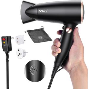 VGR Dual Voltage(100~250V) Travel Hair Dryer with European Plug Adapter for International Travel, Portable Hair Dryer with Concentrator Nozzles