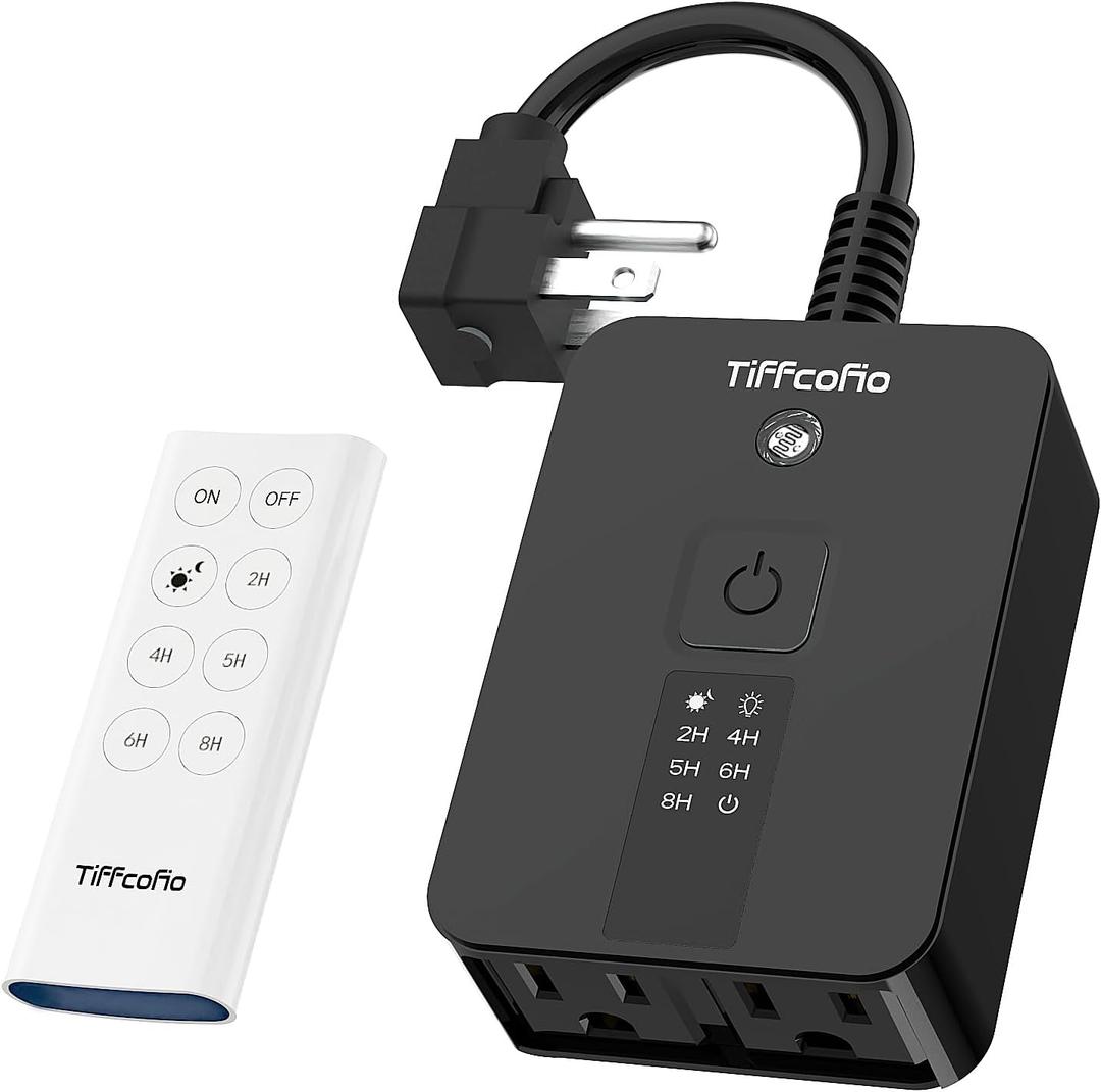 TiFFCOFiO Outdoor Timer Waterproof, Remote Control Dusk to Dawn Sensor, 2 Grouded Electrical Outlets for Christmas Lights,15A 1/2HP, ETL Listed (1 Pack)