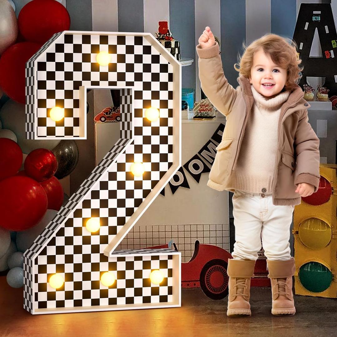 imprsv Marquee Numbers Racing 2nd-Birthday Decorations: 3ft Large Light Up Number 2 Two Fast Birthday Decoration Race Car Second Birthday Party Decor Balloon Frame