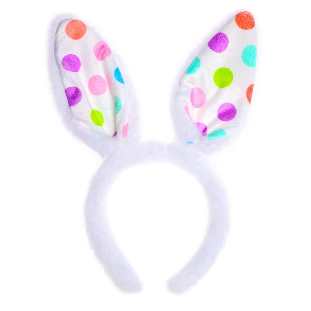 Easter White Plush Bunny Ears Headband Plush Rabbit Ear Hairband for Women Girls Easter Party Costume Hair Accessory 1pc pack (Colorful Polka Dots)