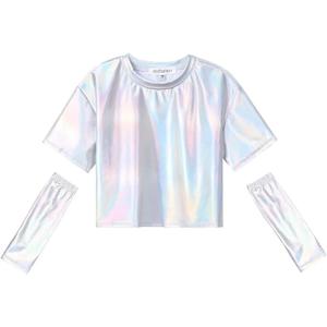 Perfashion Girls Metallic Shirts with Arm Sleeves, Shiny Crop Top for Dancing, Raves, Festivals, Costumes 12-13 Years