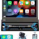 2026 7-inch Motorized Flip-Out Single Din Car Stereo with Apple CarPlay & Android Auto, Bluetooth, HD Touchscreen, Backup Camera, USB/SD/AUX Input, AM/FM Radio, Subwoofer Support & DSP