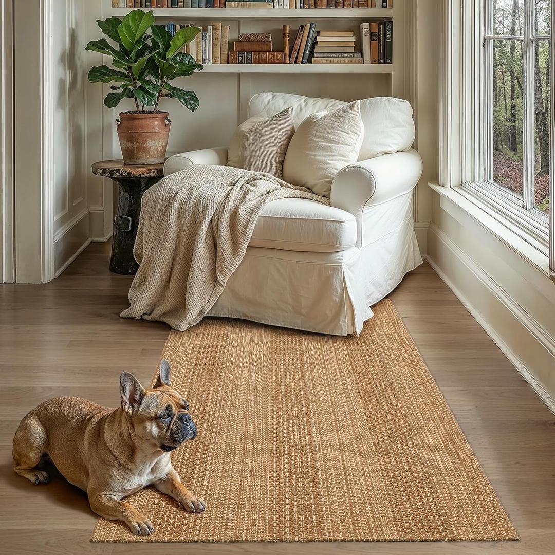 MatEssenz 3x5 ft Washable Area Rug, Textured Natural Woven Low-Profile Entryway Rug with Non-Slip Backing, Neutral Light Brown Accent Rug for Bedroom, Living Room