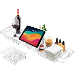 Expandable Bathtub Tray Caddy, Clear Bath Tray for Tub for Bath Relaxing, Foldable Bath Table Trays, Bathtub & Bathroom Accessories for Women Gift, Anniversary or Wedding Gifts, New Home