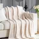 Wider Striped 380gsm Thick Beige Throw Blanket for Couch Super Soft Cozy Blankets for Women Fuzzy Fleece White Blanket for Bed Sofa 84x 90 inches