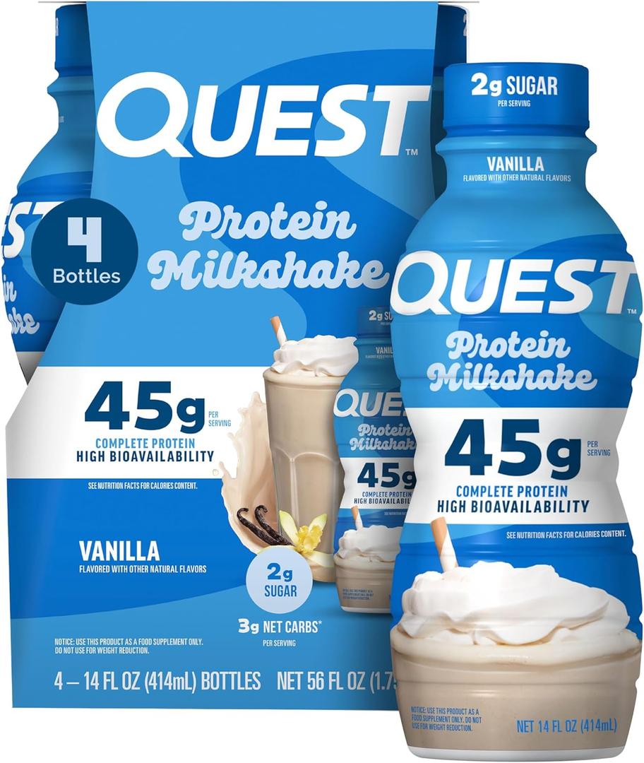 Quest Nutrition Vanilla Protein Shake, 45g Protein, 2g Sugar, 3g Net Carbs, Ready to Drink, Gluten Free, 4 Count (EXP 05/18/26)