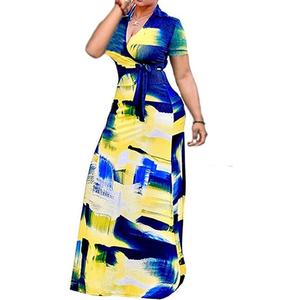 Locryz Women's V Neck 3/4 Sleeve African Floral Printed Party Loose Long Maxi Dress with Belt (XX-Large)