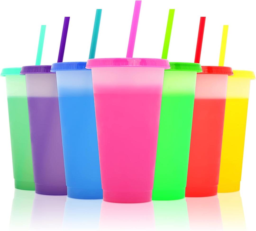 Color Changing Cups with Lids and Straws, 7Pcs 24oz Color Changing Tumblers, Reusable plastic tumblers with lids and straw, Party Funny Tumbler Ice Cold Drinking Cup for Kids & Adults