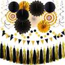 Black-Gold Graduation Party-Decorations - 33pcs Kits Banner, Streamers Tassel Garland,Tissue Pom Poms Honeycomb, Paper Lantern Fans,Wedding New Year Birthday Baby Shower Decor Hugtmr