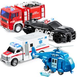 JOYIN 4 Packs Emergency Vehicle Toy Playsets, Friction Powered Vehicles with Light and Sound, Including Fire Truck, Ambulance, Play Police Car and Helicopter, Toddler Kids Boys Gifts