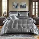 Bedding_Dreamer Satin Comforter Set with Sheet Set King Silk Like Grey Bed in a Bag 8 Pcs Luxury Silky Bedding with 1 Cushion Cover Soft & Smooth