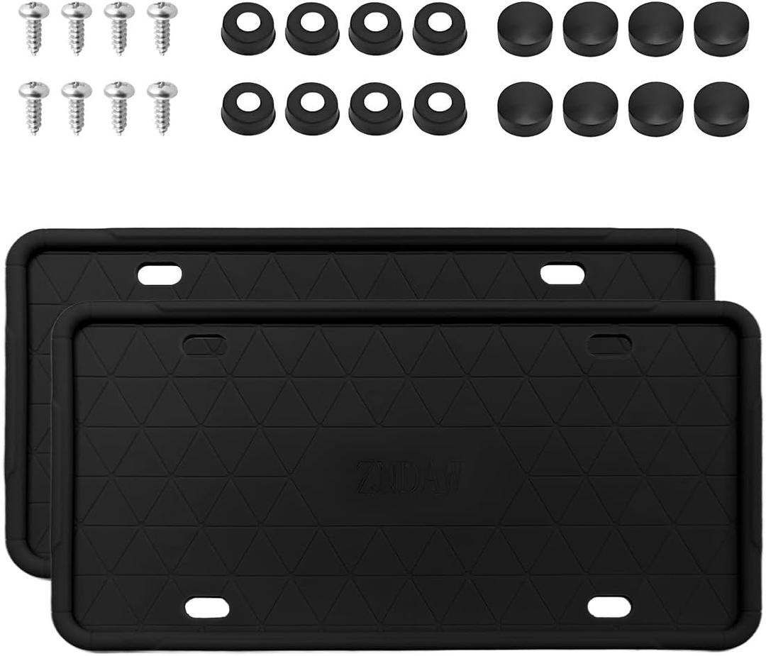 2 PCS Silicone License Plate Frame, Rust-Proof Rattle-Proof Front Back License Plate Cover with Drainage Holes, Weather-Proof Car Plate Bracket Holder with Mounting Accessories (Black)