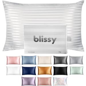 Blissy Silk Pillowcase - 100% Pure Mulberry Silk - 22 Momme 6A High-Grade Fibers - Silk Pillow Cover for Hair & Skin - Regular, Queen & King (White Striped, Queen)