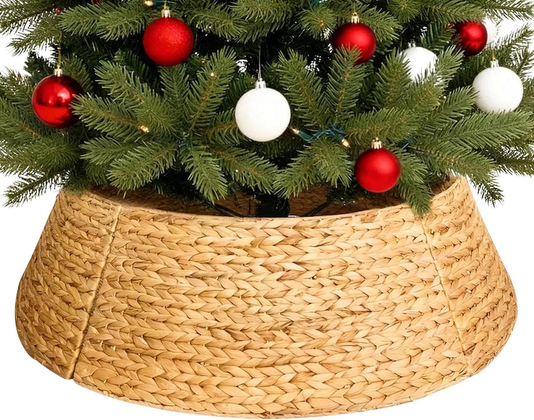 28" Wicker Christmas Tree Collar for Artificial Trees, Rustic 7.5ft Tree Basket Skirt, Farmhouse Base Cover for Pencil, Slim Christmas Tree Collars, Handwoven from Seagrass (Natural)