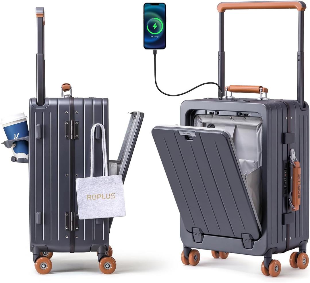 ROPLUS Carry On Luggage with Front Cover Compartment, Aluminium Frame Rolling Suitcase with Skate Wheels, USB Ports, Cup Holder, TSA Lock (GrayBrown, 21-Inch)