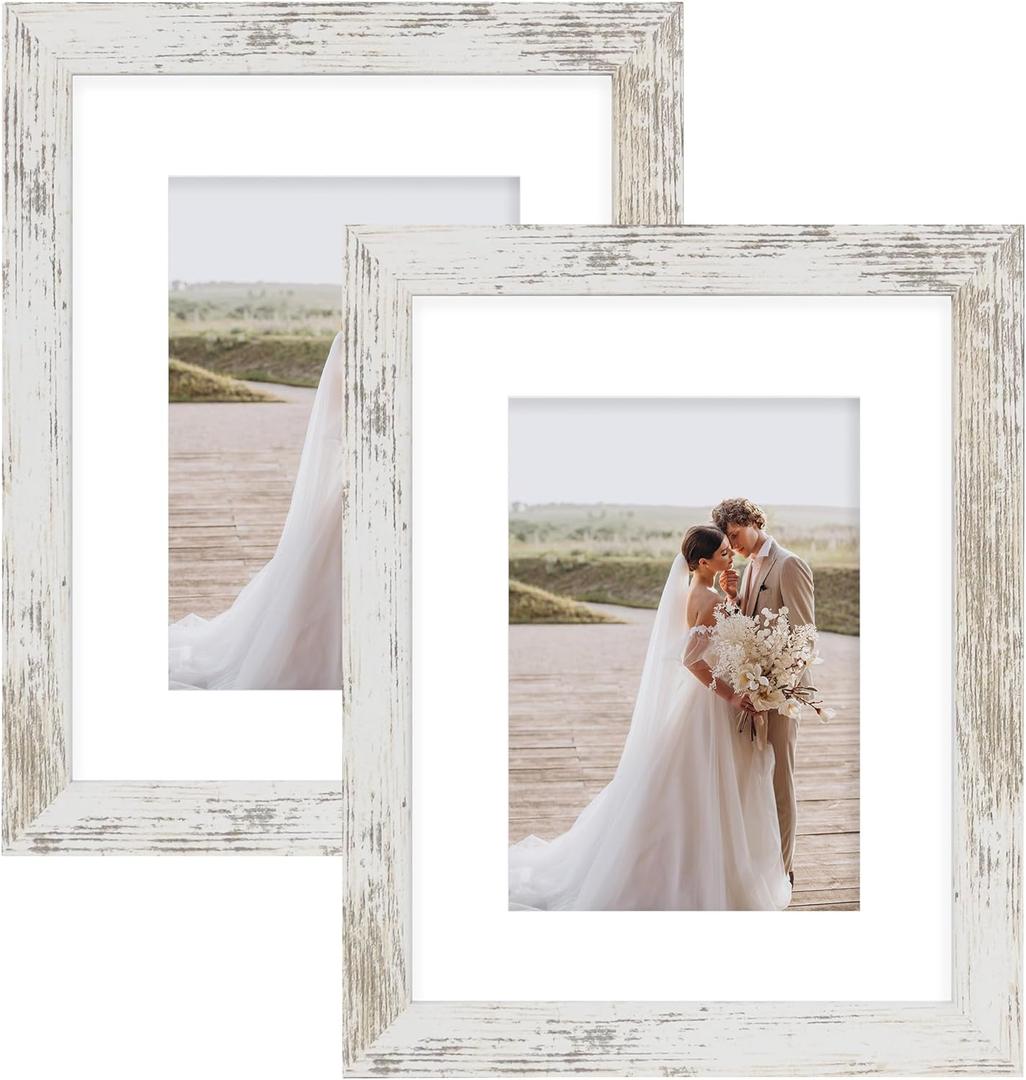 Hongkee 8x10 Picture Frame Set of 2, Made of Real Glass and Distressed White Wooden Frame - Display Picture 5x7 with Mat or 8x10 Without Mat, 8 by 10 Photo for Wall or Tabletop