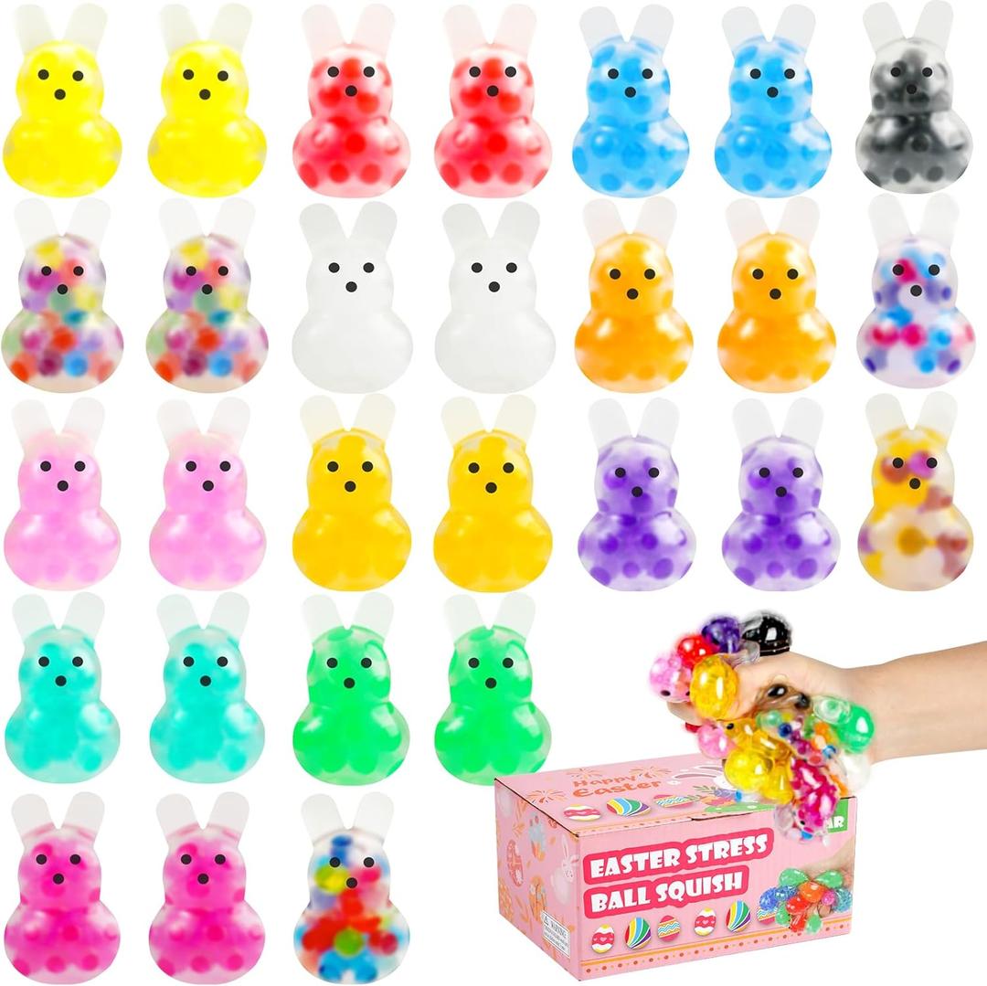 28Packs Easter Bunny Stress Balls,Easter Basket Stuffers,Easter Squishy Squeeze Balls Bulk Fidget Toys for Adults,Stress Relief Balls,Easter Gifts Party Favors (Colorful-Bunny)