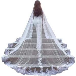 Kelaixiang Women Veil Cape Tulle Lace Applique 4 M Wedding Capes Bridal Wraps Long Train Shawls Cloak (White)