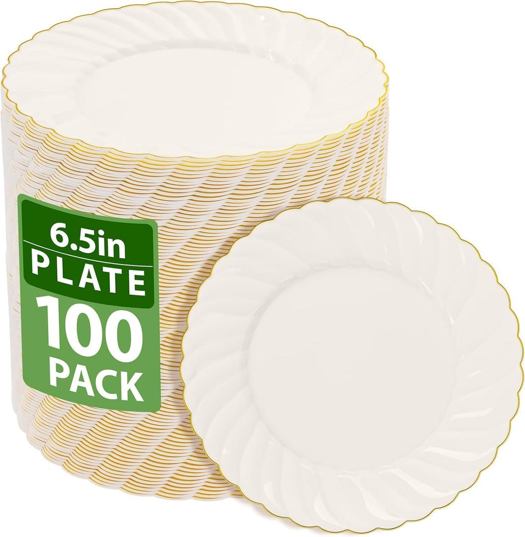 YOUBET 100 Pack Ivory Scalloped Plastic Plates - 6.5 Inch Gold Disposable Plates with Gold Rim - High End Elegant Vintage Dessert Salad Plate for Birthday Parties & Wedding
